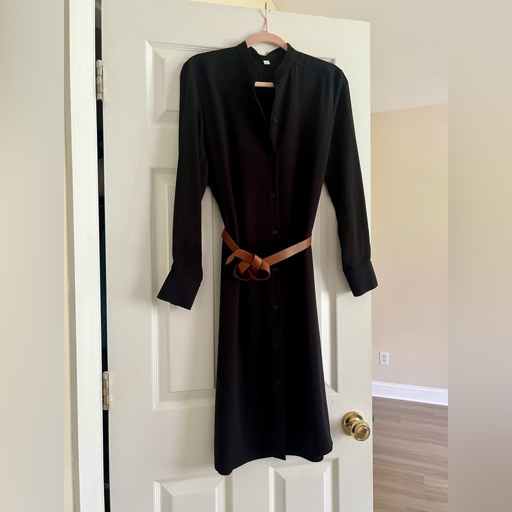 NWOT Women's Crepe Black Long Sleeve Classic Shirt Dress w/French Belt -6(38 EU)